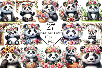 Panda with Flower Crowns Clipart PNG print on demand