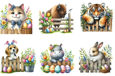 Easter Animal with Wooden Fence Clipart watercolor clipart