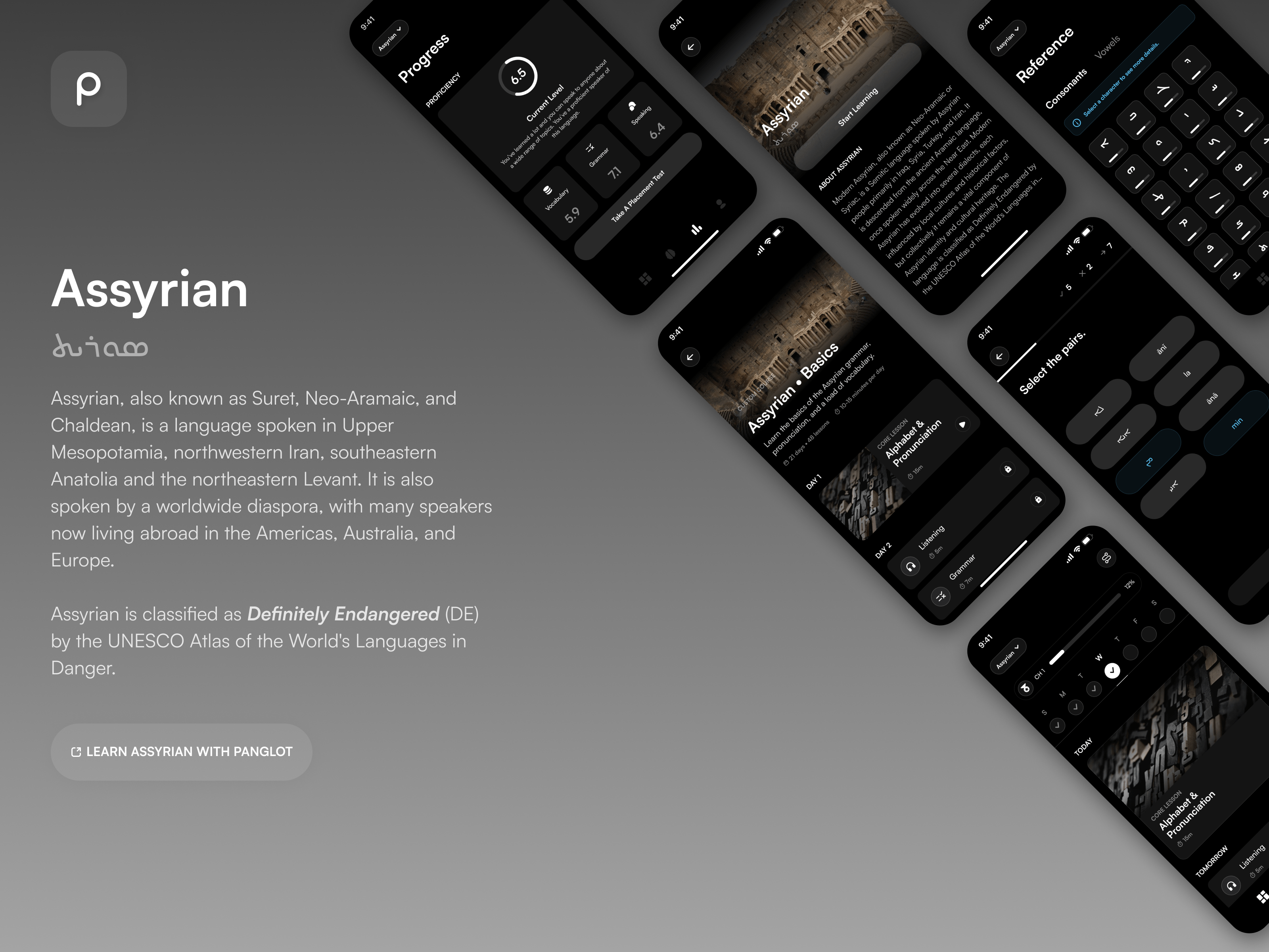 Learn Assyrian with Panglot app app design clean dark dark mode dark ui edtech education inspiration iphone languages learning minimal mobile mobile app mobile design product product design ui ux