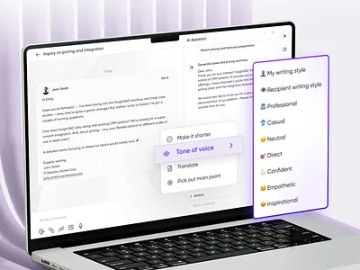 Personalized AI Text Generation - AI Email Assistant UX Concept ai ai app design ai application ai assistant ai chat ai chatbot ai designs ai interface ai powered artificial intelligence design designer email email generator personalization platform text generation text writer ui ux
