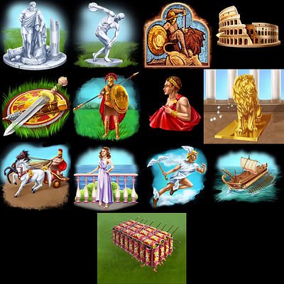 Set of slot symbols for the online slot game "Roman Wealth" animation character art character design characters animation digital art digital design gambling game art game design graphic design motion graphics slot animation slot art slot design slot game art symbols animation