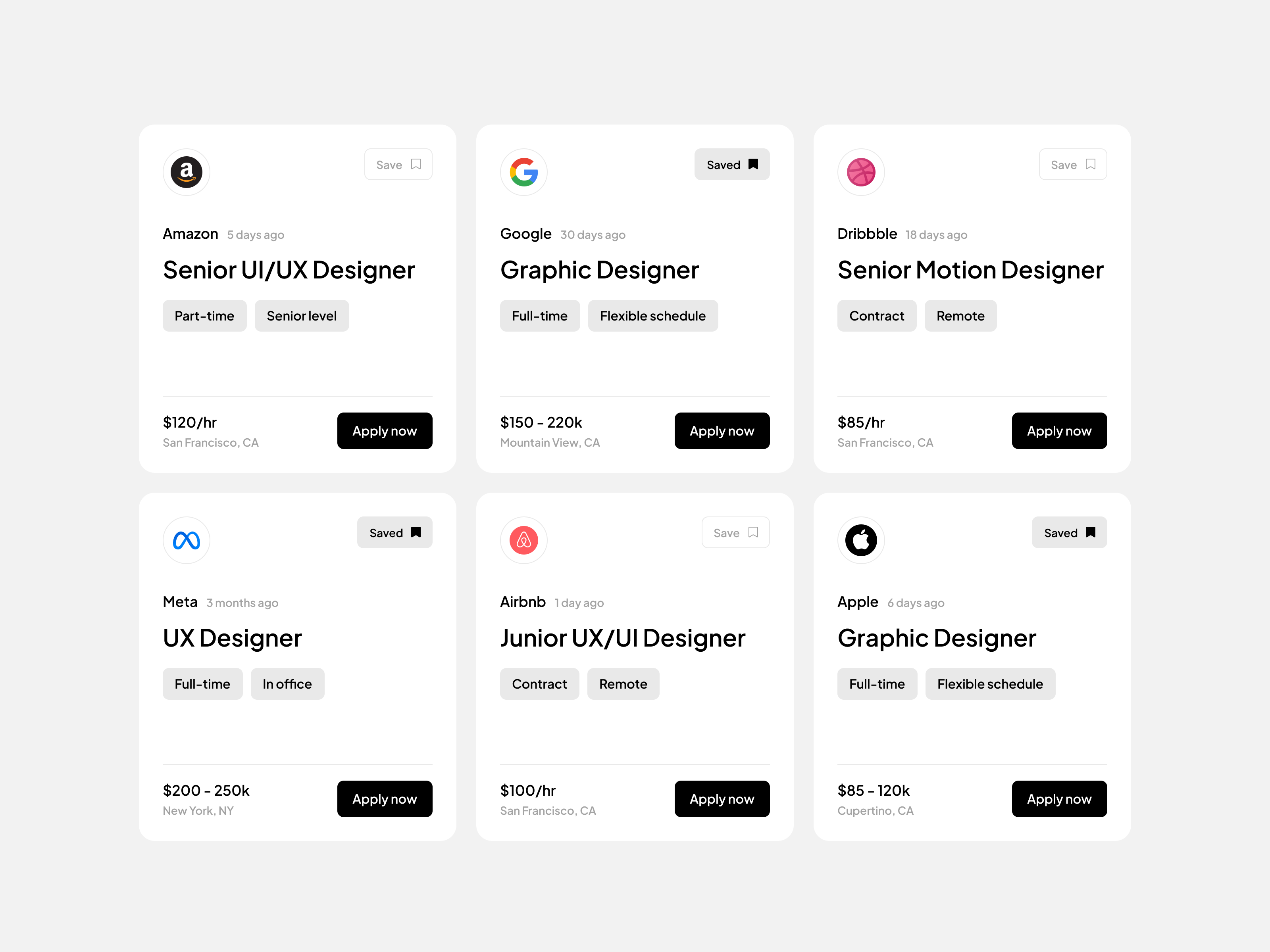 Job Cards (UI Components) components design design web3 freelance gigs job cards job listing job posting job posts jobs modules new jobs product design ui ux website