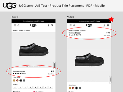 UGG.com | A/B Test | Product Title Placement | PDP ab test add to cart cart rate e commerce hypothesis mobile product title ugg user experience design user pain point ux ux research