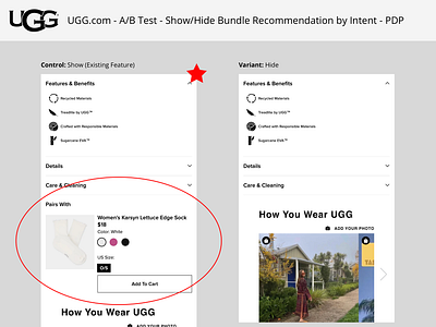 UGG.com | A/B Test | Bundle Recommendation by Intent | PDP ab testing bundle dynamic yield e commerce hypothesis intent intent audiences iterative pairs with pdp personalization product display page product management recommendation salesforce ugg user experience design ux ux research you might like