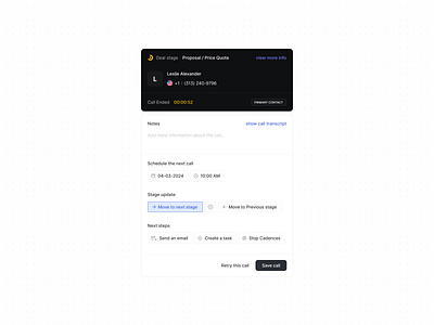 Next Steps Call - CRM Sales Engagement action items buttons component contact crm deal stage design system form form field input next steps notes product design sales call search tags ui ux website widgets