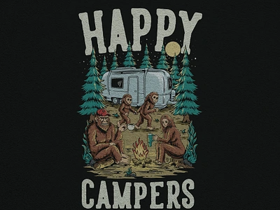 HAPPY CAMPERS appareldesign bigfoot campervan campfire customillustration custondesign forest handdrawn illustration retro tshirt tshirtdesign vector vintage vintageartwork vintagedrawing vintageillustration