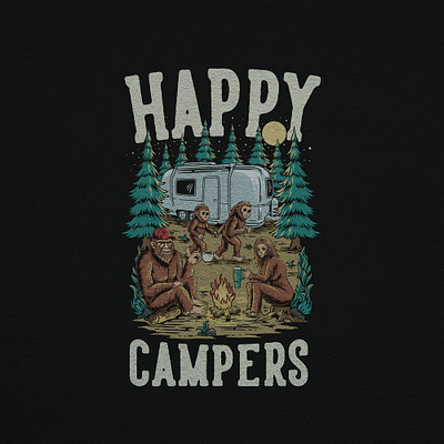 HAPPY CAMPERS appareldesign bigfoot campervan campfire customillustration custondesign forest handdrawn illustration retro tshirt tshirtdesign vector vintage vintageartwork vintagedrawing vintageillustration