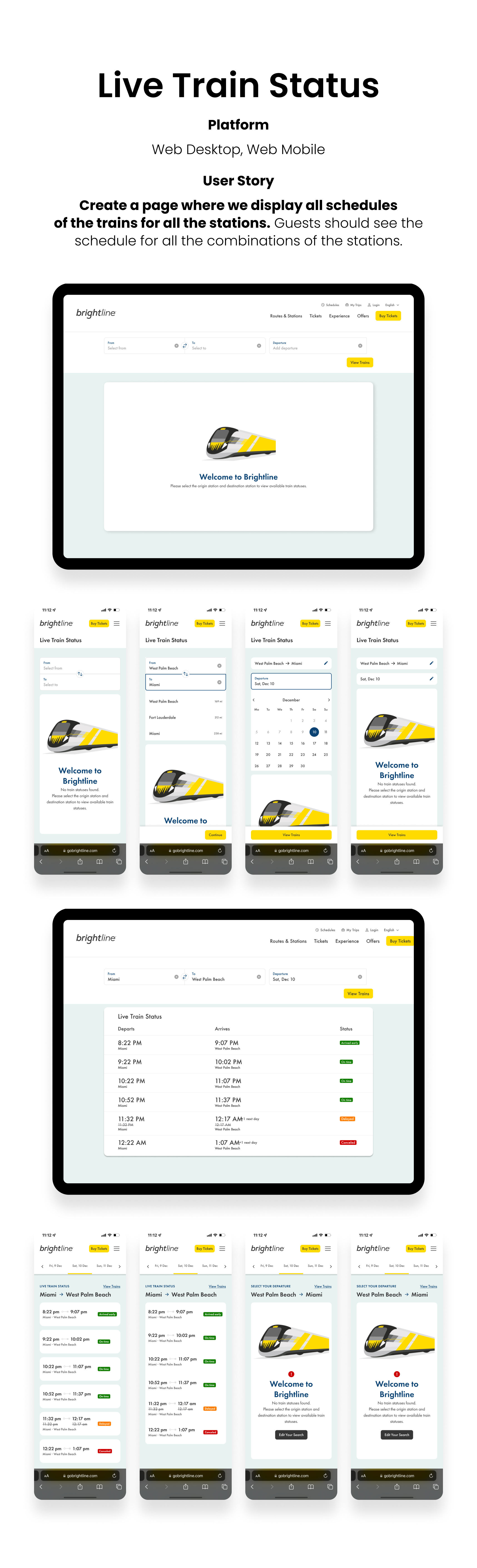 Brightline Trains | Mobile, Web And Kiosk UI/UX, 2023 adobe creative suite app design figma interaction design mobile app design mobile user experience design product design transportation design uiux design uiux research uiux strategy user experience user experience design user interface design visual design web applications web design