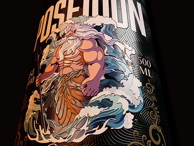 Poseidon sea wine label bottle branding design illustration label logo package packaging wine