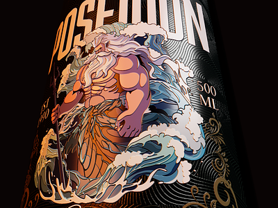 Poseidon sea wine label bottle branding design illustration label logo package packaging wine