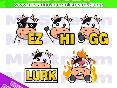 Twitch emotes cute cow lurk, hi, gg, ez & rage pack animal animated emotes anime cow cow emotes cute design emote emotes ez farm gg hi illustration logo lurk milk rage sub badge twitch emotes