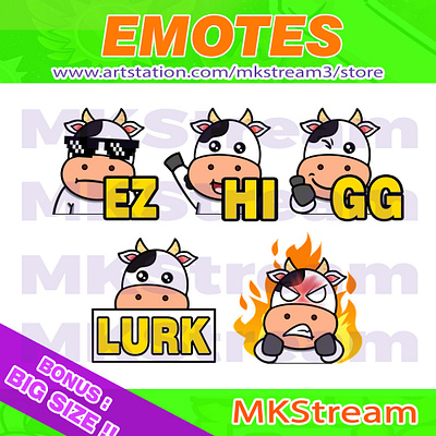 Twitch emotes cute cow lurk, hi, gg, ez & rage pack animal animated emotes anime cow cow emotes cute design emote emotes ez farm gg hi illustration logo lurk milk rage sub badge twitch emotes