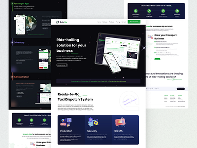 Ride hailing solution : Website 3d animation black blue dark green minimalistic mockup ride solution ui