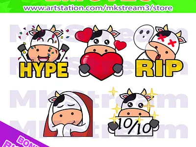 Twitch emotes cute cow hype, love, rip, comfy & perfect pack animal animated emotes anime comfy cow cow emotes cute design emote emotes farm hype illustration logo love milk perfect rip sub badge twitch emotes