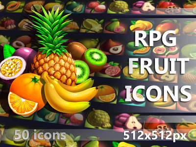 RPG Fruit Icons 2d art asset assets food fruit game game assets gamedev icon icons illustration indie indie game mmo mmorpg pack rpg set