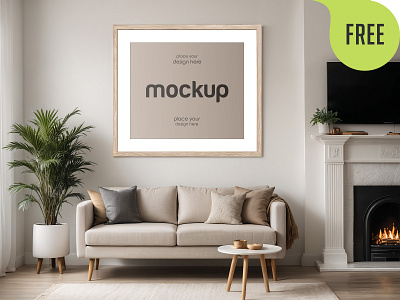 Free Interior Photo Frame Mockup. AI Generated advertising banner carpet decoration fireplace frame free freebie gallery interior logo mockup photo picture pillow poster sofa wall