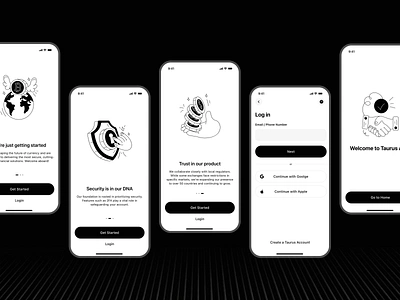 Taurus App - Getting Started | Mobile App, UI/UX Design. bitcoin crypto exchange finance fintech getting started ios log in mobile onboarding sign up trade ui ux web3