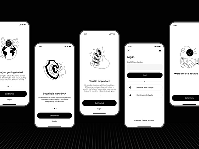 Taurus App - Getting Started | Mobile App, UI/UX Design. bitcoin crypto exchange finance fintech getting started ios log in mobile onboarding sign up trade ui ux web3