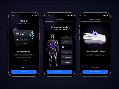 Fitonist - AI Workout app. Mobile design ai app case study clean dark dark mode enable notifications fitness graphic design interface minimalistic mobile mobile app modern product design trainings ui uiux ux workout