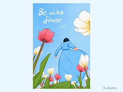 Be alike flower blue sky blue. field flowers flowers in clusters girl illustration outdoors romance spring. white cloud