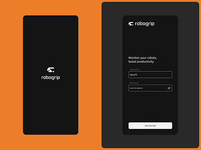 Robogrip - Mobile App animation billtracking branding improvedproduction livevideobroadcast logo managementtool mobileapp monitoringapp roboticproductioncontrol robotics systemstatusmonitoring typography ui usageanalysis ux