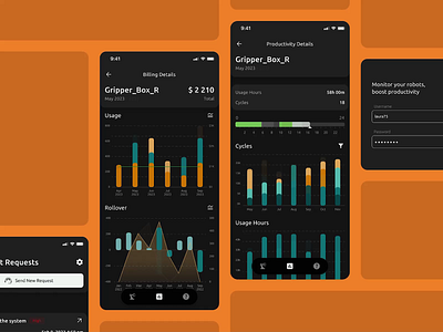 Robogrip - Billing Details & Productivity Details animation app billtracking improvedproduction livevideobroadcast managementtool mobileapp monitoringapp roboticproductioncontrol robotics systemstatusmonitoring ui usageanalysis ux