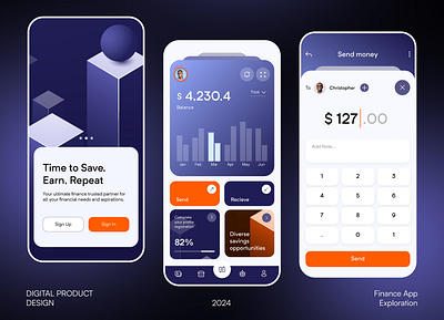 Fintech App Exploration blue design earn finance fintech home page invest orange profile save savings send money three ui ui design ux ux design