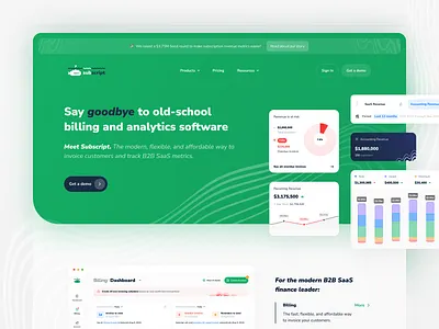 New homepage for the billing software analytics app arr billing branding churn dashboard design finance green metrics revenue risk saas software ui ux wave web white