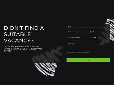 Contact form of applying for the vacancy 3d apply apply to the vacancy banner contact form cv dark theme form illustration input input fields job search typography uiux design vacancy