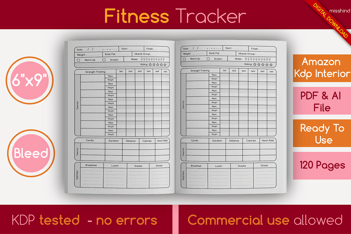 Fitness Tracker • KDP Interior bundle pages design digital paper fitnees logbook fitness tracker graphic design interior designs kdp kdp kdp fitness kdp interior kdp interior template kdp workout kindle direct publishing logbook meal tracker notebook paper workout