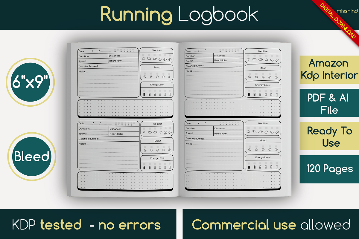 Running Logbook • KDP Interior bundle pages design digital paper fitness tracker graphic design interior designs kdp kdp kdp interior kdp interior template kdp workout kindle direct publishing low content design notebook paper run running running book running logbook template