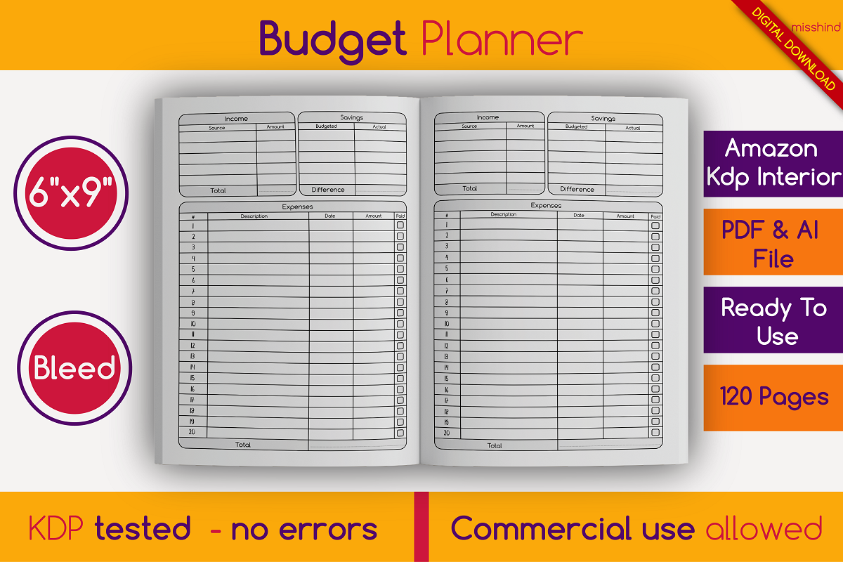Budget Planner • KDP Interior bill book bundle pages design digital paper graphic design kdp kdp interior kindle direct publishing logbook low content design manage budget manage money money notebook paper payment template