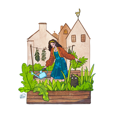 Old town gardening cartoon character cat character design character illustration digital illustration gardening hobby illustration plants summer town