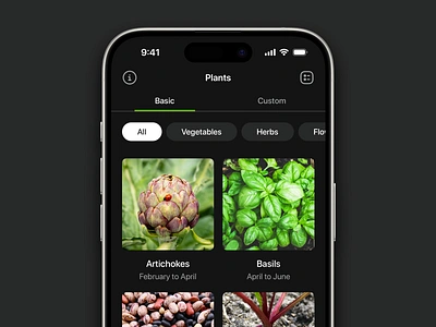 Garden+ : Plants screen app buttons design flowers garden gardening grid herbs illustration info ios iphone list mobile options plants screen scrollview thumb vegetables