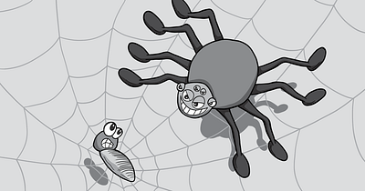 Mr Spider black and white cartoon childrens illustration comic art fly illustration kid friendly spider web