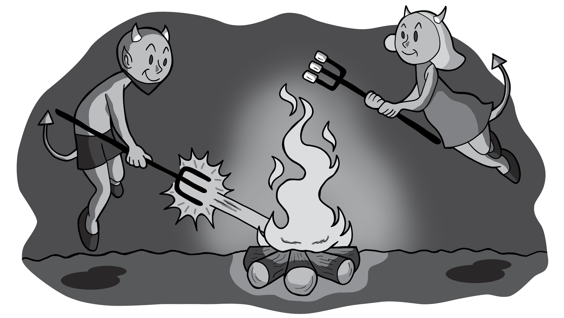 Illustration black and white campfire cartoon childrens illustration comic art devil fire illustration kid friendly marshmallows
