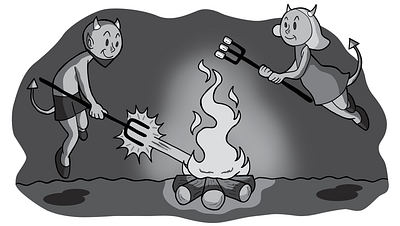 Firestarter black and white campfire cartoon childrens illustration comic art devil fire illustration kid friendly marshmallows