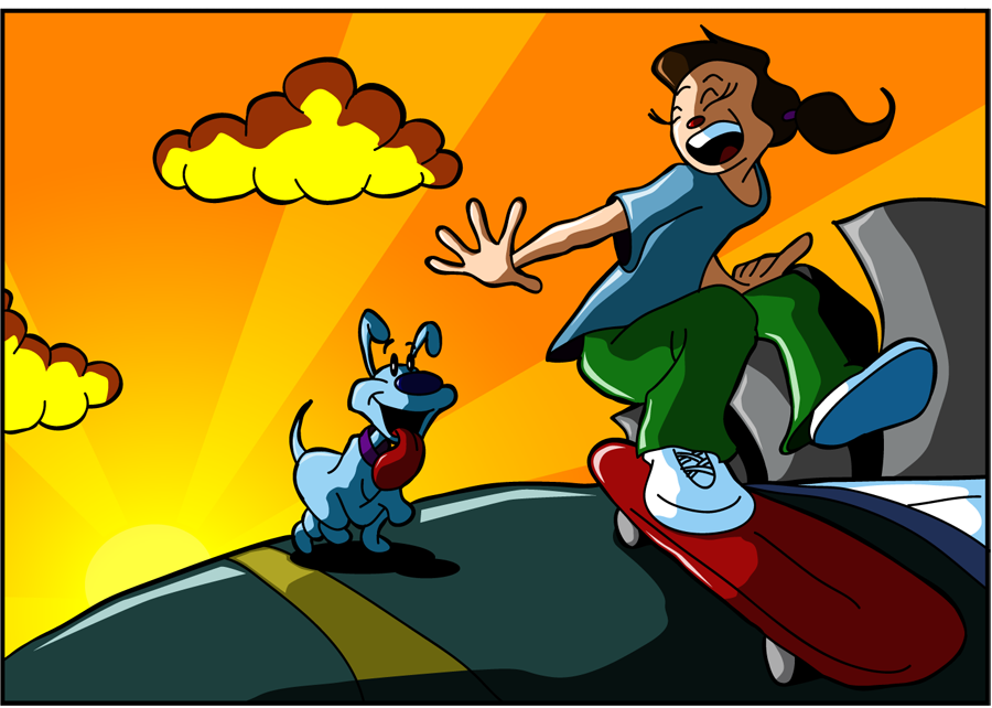 Illustration cartoon childrens illustration comic art dog girl illustration kid friendly orange skateboard sunset