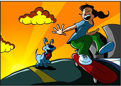 Book Illustration cartoon childrens illustration comic art dog girl illustration kid friendly orange skateboard sunset