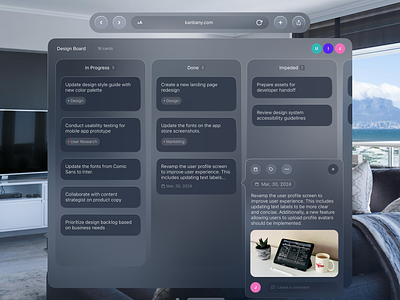 Kanbany - Vision Pro meets Kanban apple vision pro ar ar interface ar vr augmented reality kanban kanban ui productivity ui ui design user interface ux ux design virtual reality vision os vision pro vision pro ui vision pro ui design vr web design