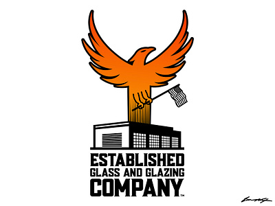 Established Glass and Glazing Company Logo bird company glass logo orange phoenix typography