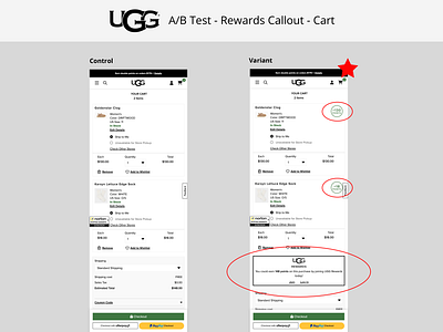 UGG.com | A/B Test | Rewards Callout | Checkout ab test cart e commerce loyalty rewards rewards program shopping cart ui ux
