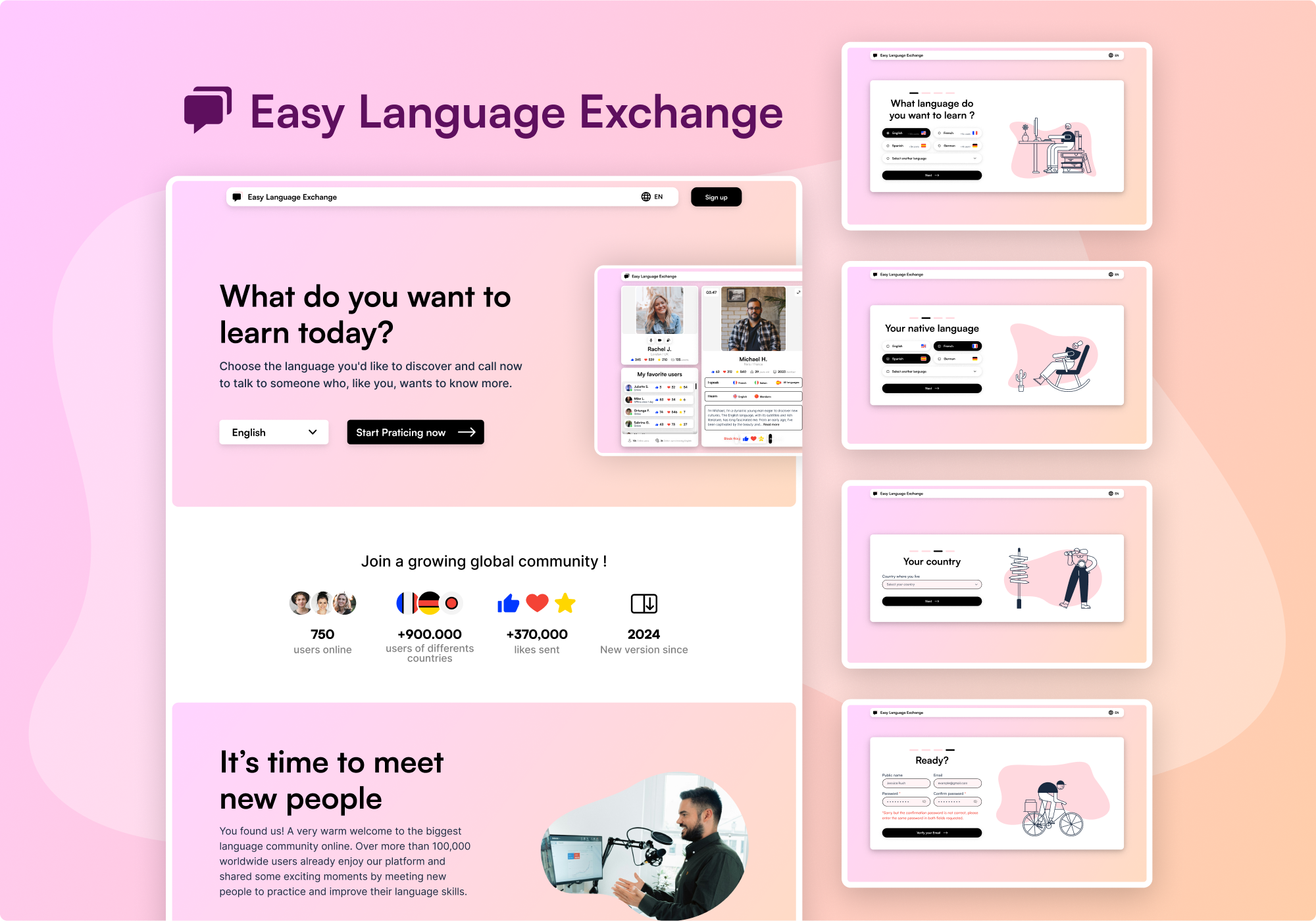 Easy Language Exchange • UX/UI Design easy language easy language exchange gosho gosho.fr gosho.studio landing page portfolio social design ui ui design uiux design ux ux design web design web designer website