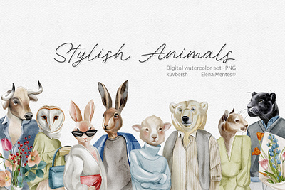 Stylish Animals — digital watercolor digital watercolor fashion animal illustration set illustration spring animal stylish animal