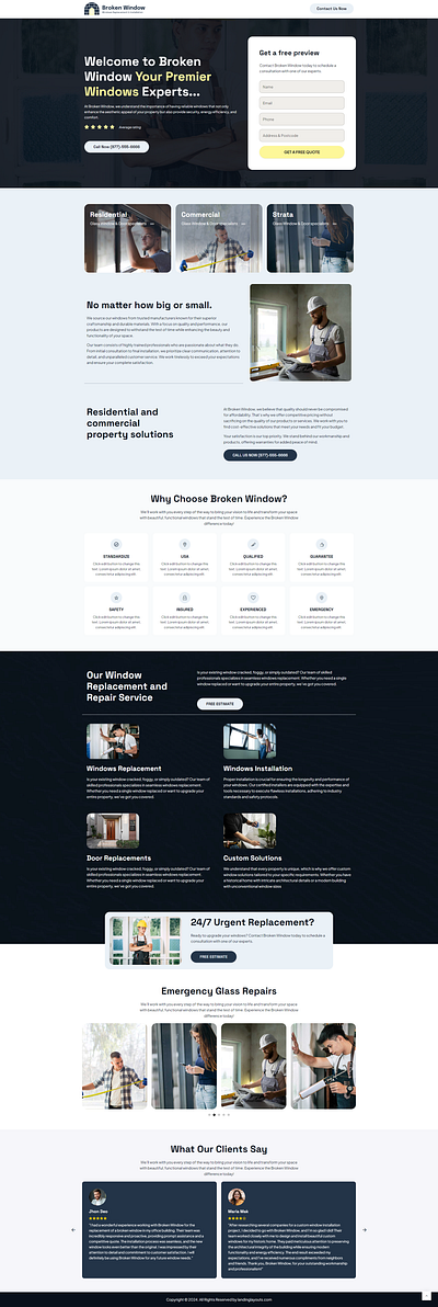 Broken Doors &Windows Replacement & Installation Landing Page branding design landing page lead generation template wordpress