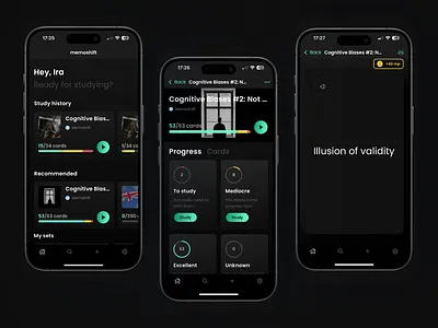 Memoshift - effective flashcards studying aesthetic app clean dark design figma flashcards minimalistic mobile mobile app study ui ux