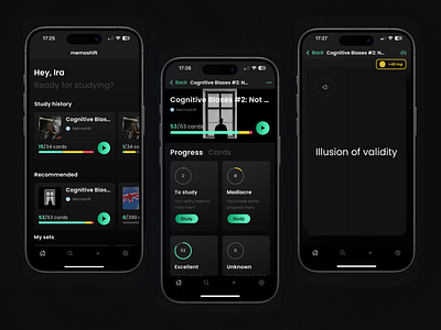 Memoshift - effective flashcards studying aesthetic app clean dark design figma flashcards minimalistic mobile mobile app study ui ux