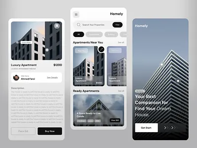 Real estate mobile application UI/UX app design inspiration black branding dm sans get started screen glassmorphism home page light grey light mode mobile app product design product page real estate ui user experience ux white