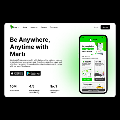 Redesigned Martı Ridesharing Hero Section app appstore black figma green hero section mobile ridesharing scooter taxi ui ux uxui web web design webapp white