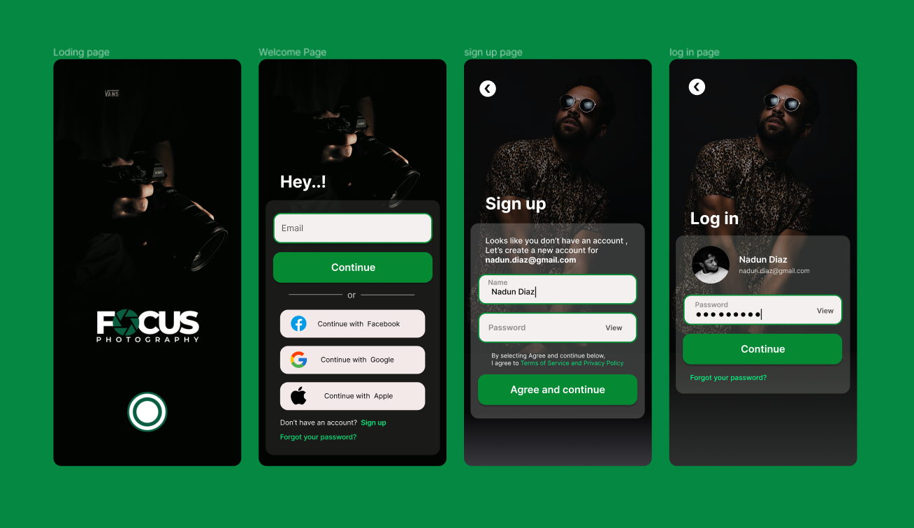 FOCUS PHOTOGRAPHY App Sign-up Flow UI app app ui design illustration login mobile app moblie sign up flow ui ux
